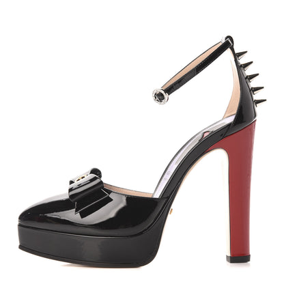 Gucci Patent Crystal GG Bow Sadie Spike Ankle Strap d'Orsay Platform High Heel Pumps 36.5 Black 1 of 9