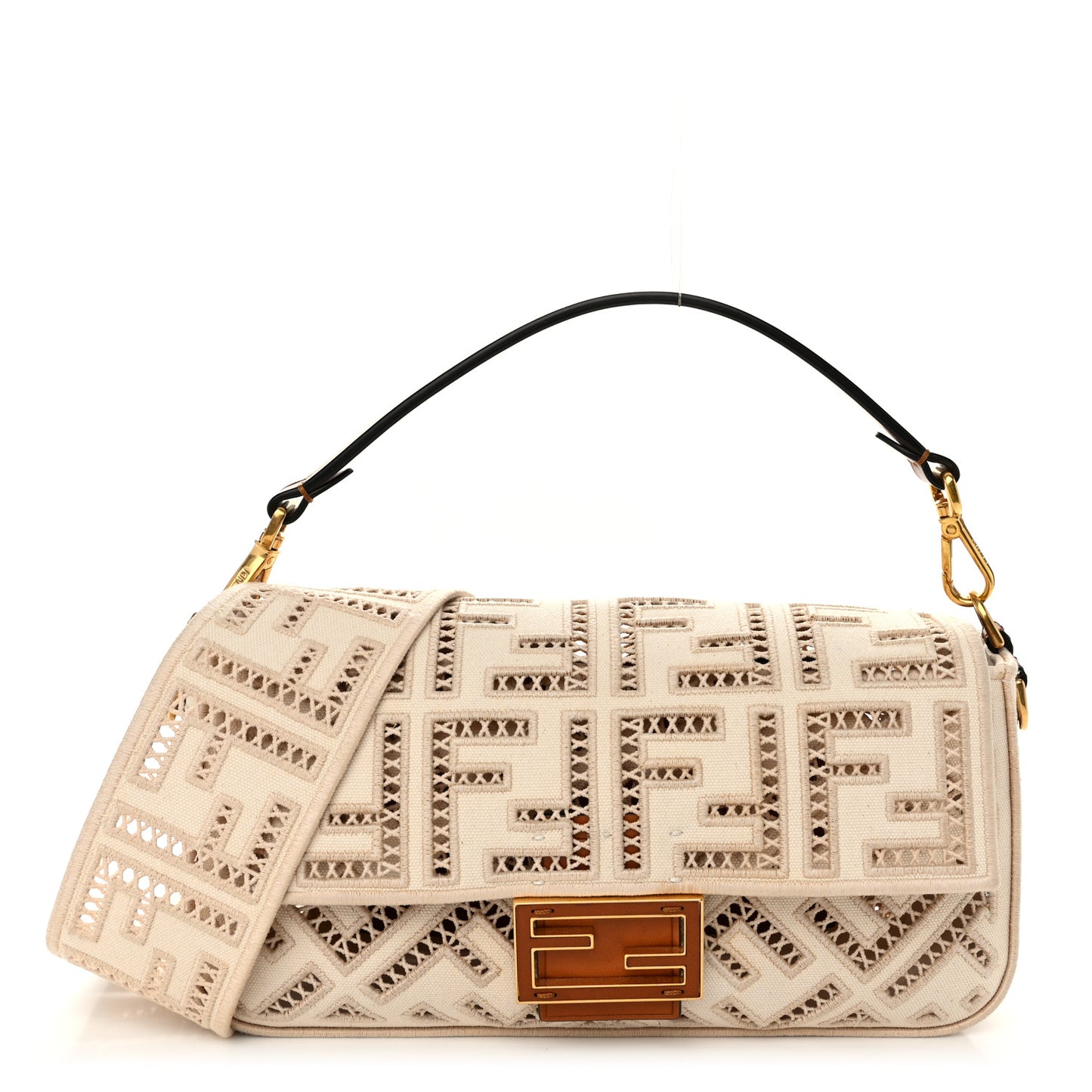 Canvas Cuoio Agata FF Ajour Embroidered Baguette Grezzo Cuoio