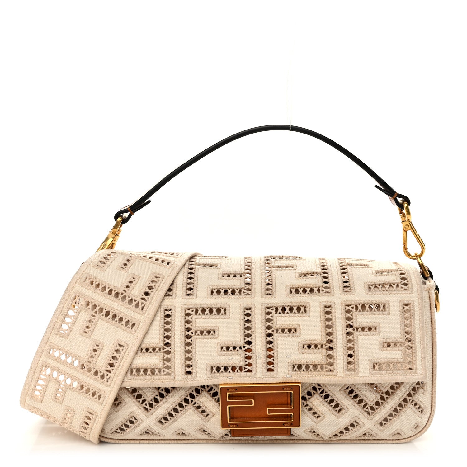Fendi Canvas Cuoio Agata FF Ajour Embroidered Baguette Grezzo Cuoio 1 of 9