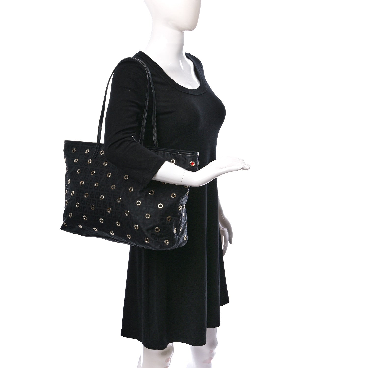 Fendi Nylon Zucca Grommet Medium Roll Tote Black 2 of 10