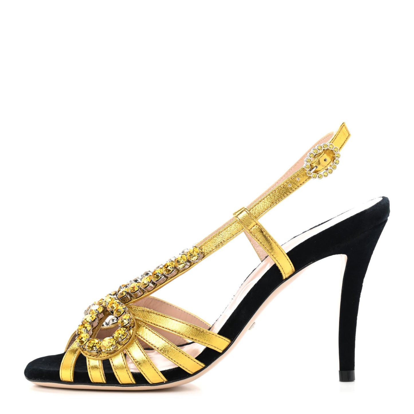 Velvet Nappa Crystal Zephyra Slingback Platform High Heel Sandals 35.5 Black Gold