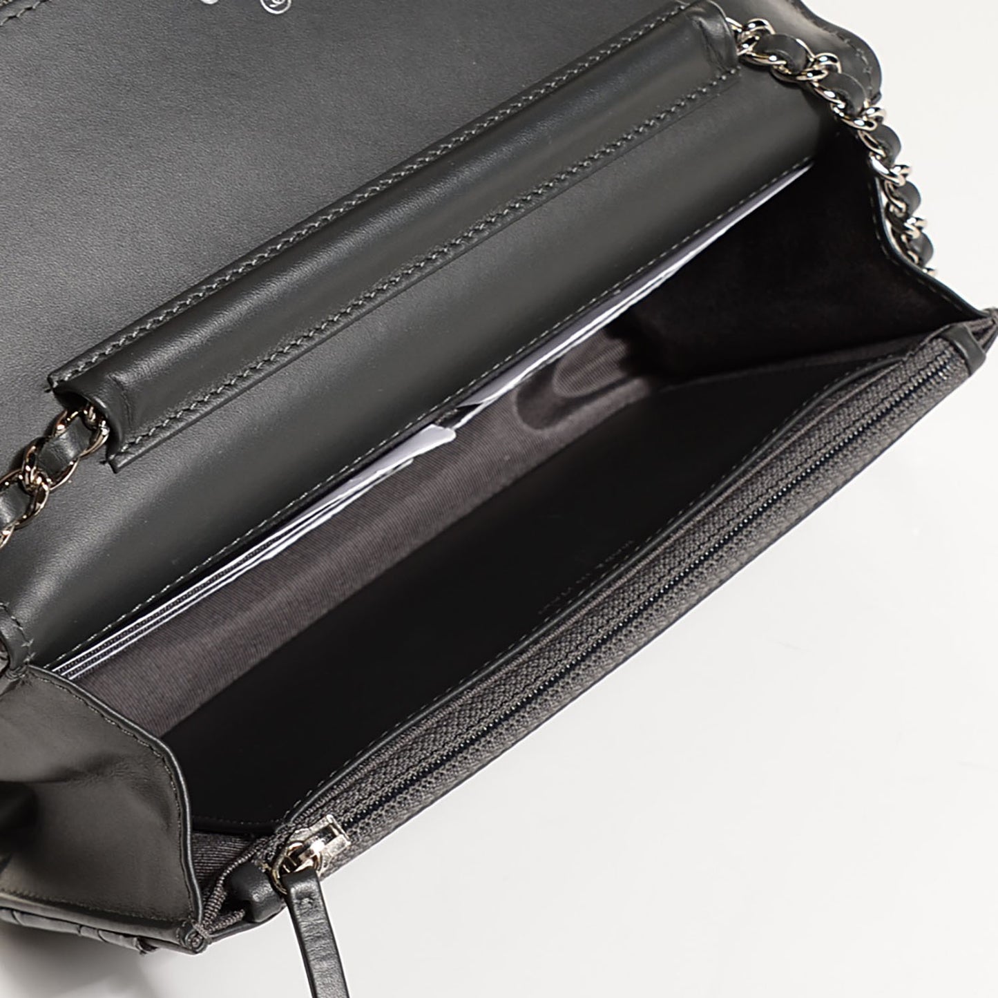 Patent Quilted Wallet On Chain WOC Dark Grey