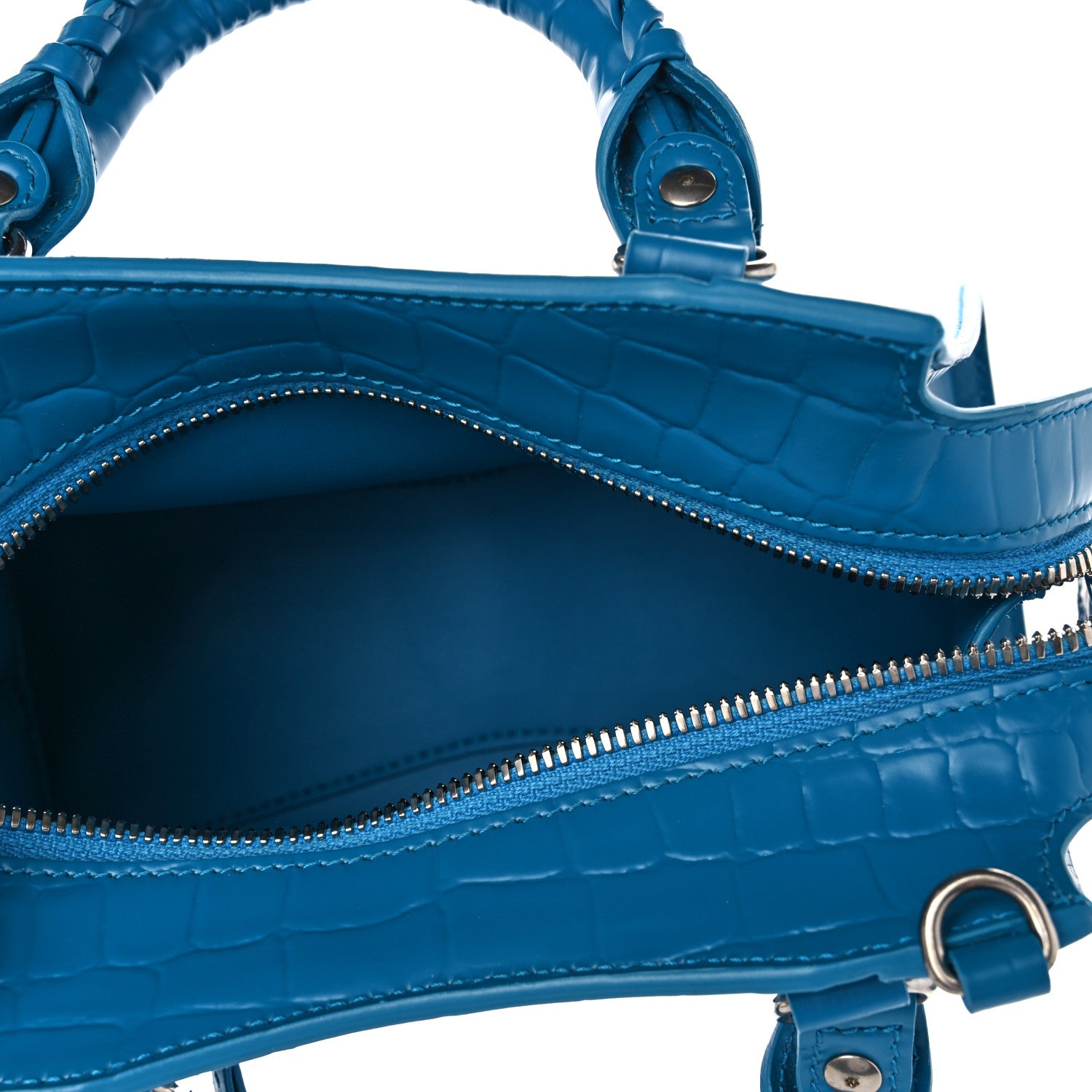 Balenciaga Semi Shiny Calfskin Crocodile Embossed Neo Classic Silver Hardware Mini City Turquoise 5 of 9
