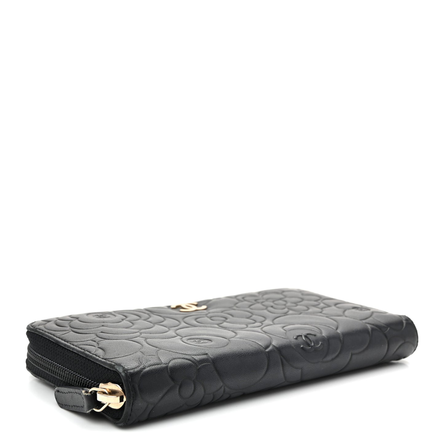 Lambskin Camellia Embossed Large Zip Around Gusset Wallet Black