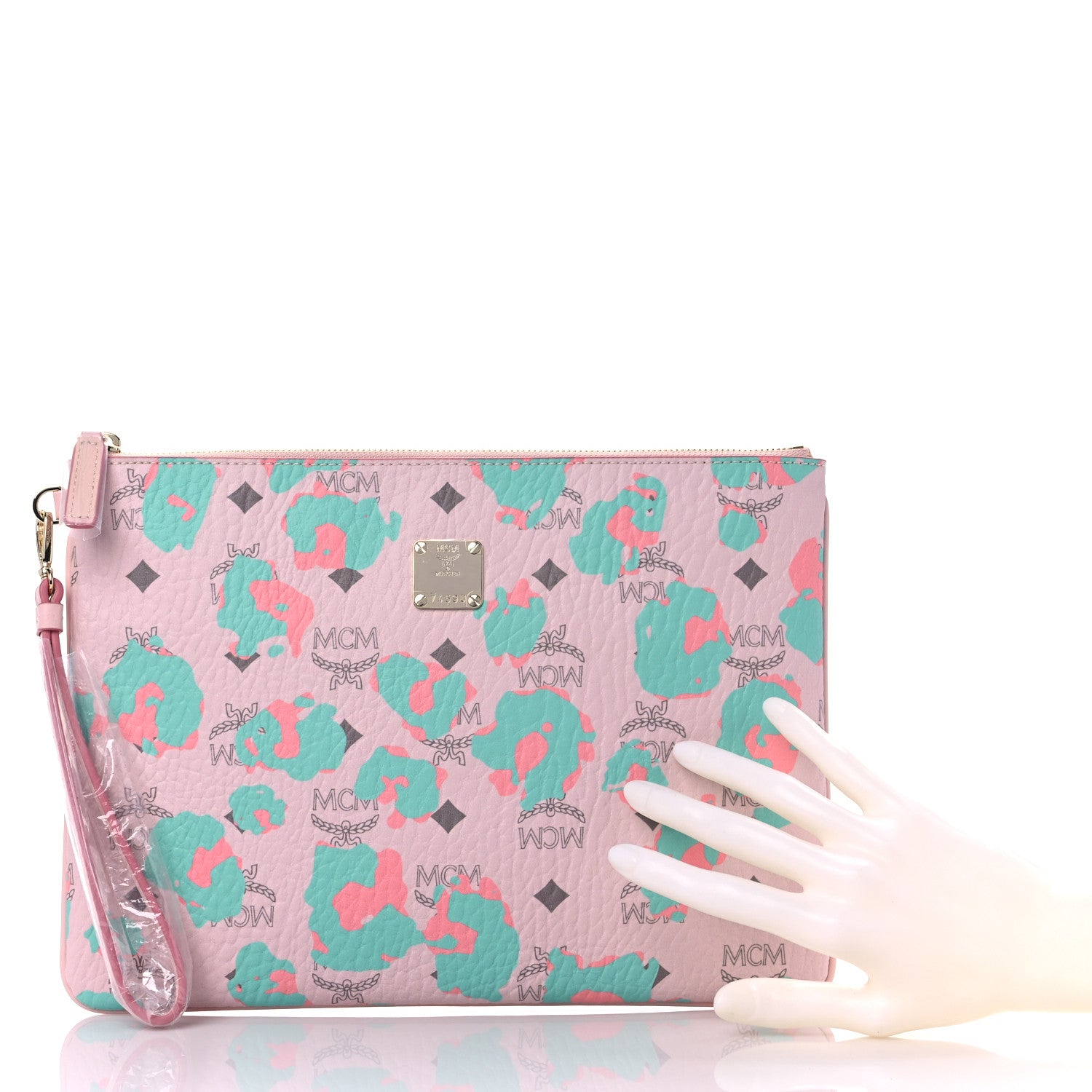 MCM Visetos Floral Leopard Wristlet Zip Pouch Pink 2 of 7