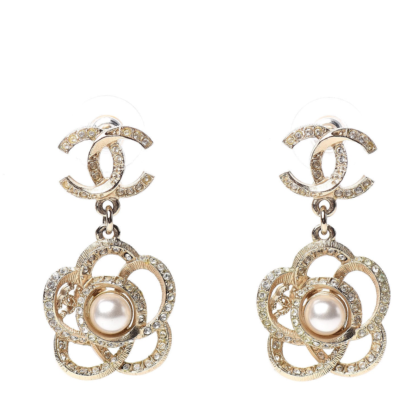 Crystal Pearl Camellia CC Drop Earrings Gold