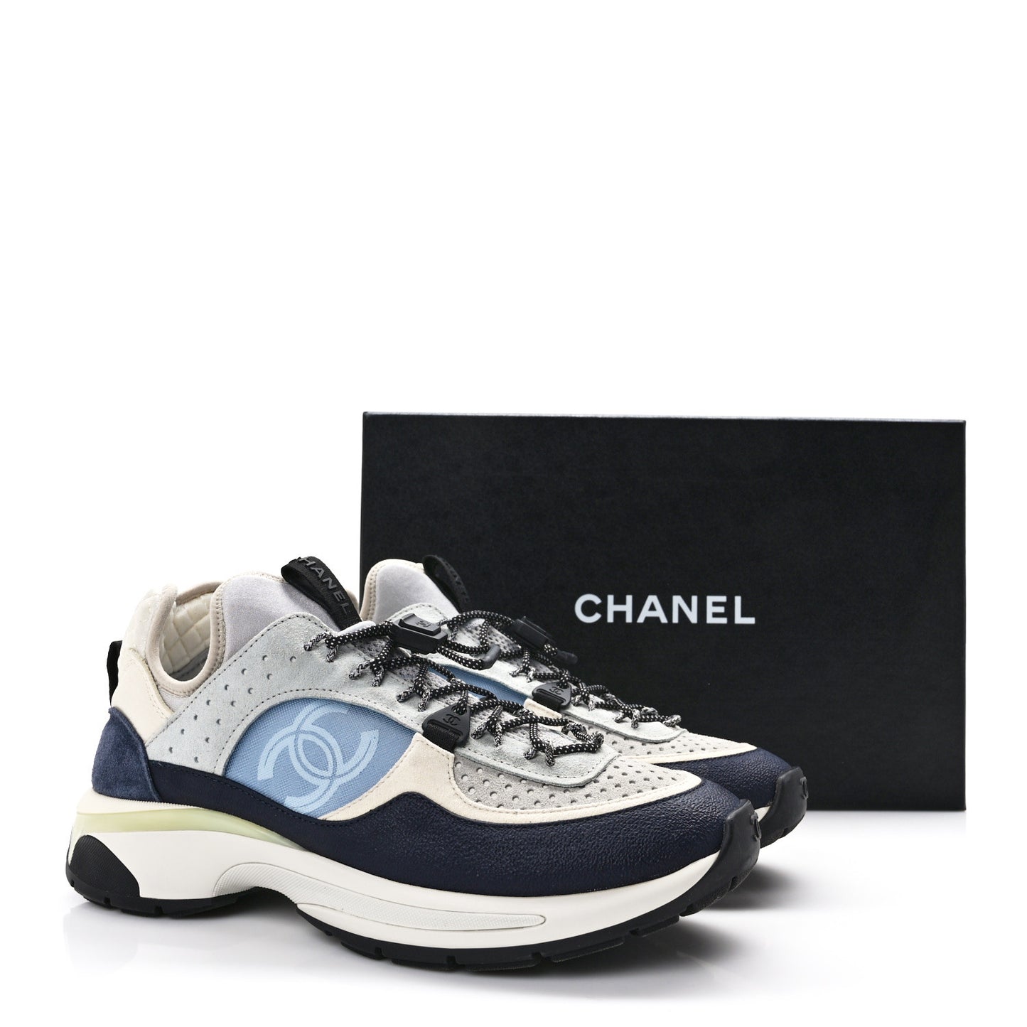Fabric Suede Calfskin Mesh Womens CC Sneakers 39.5 Black Blue Ivory