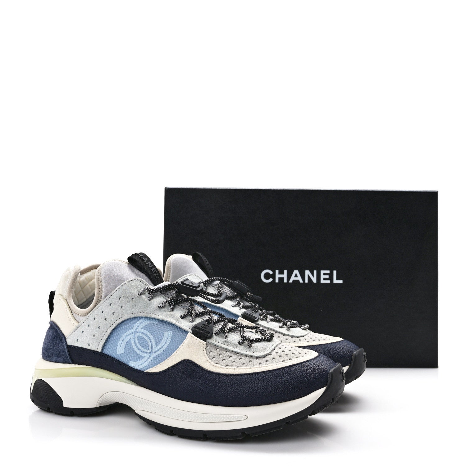Chanel Fabric Suede Calfskin Mesh Womens CC Sneakers 39.5 Black Blue Ivory 10 of 10