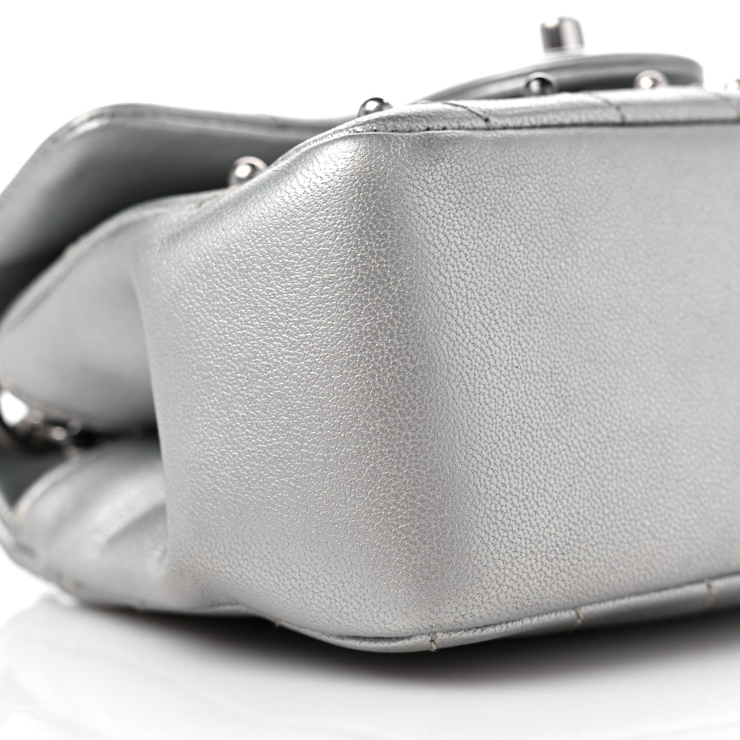 Metallic Lambskin Chevron Quilted Studded Extra Mini Flap Silver