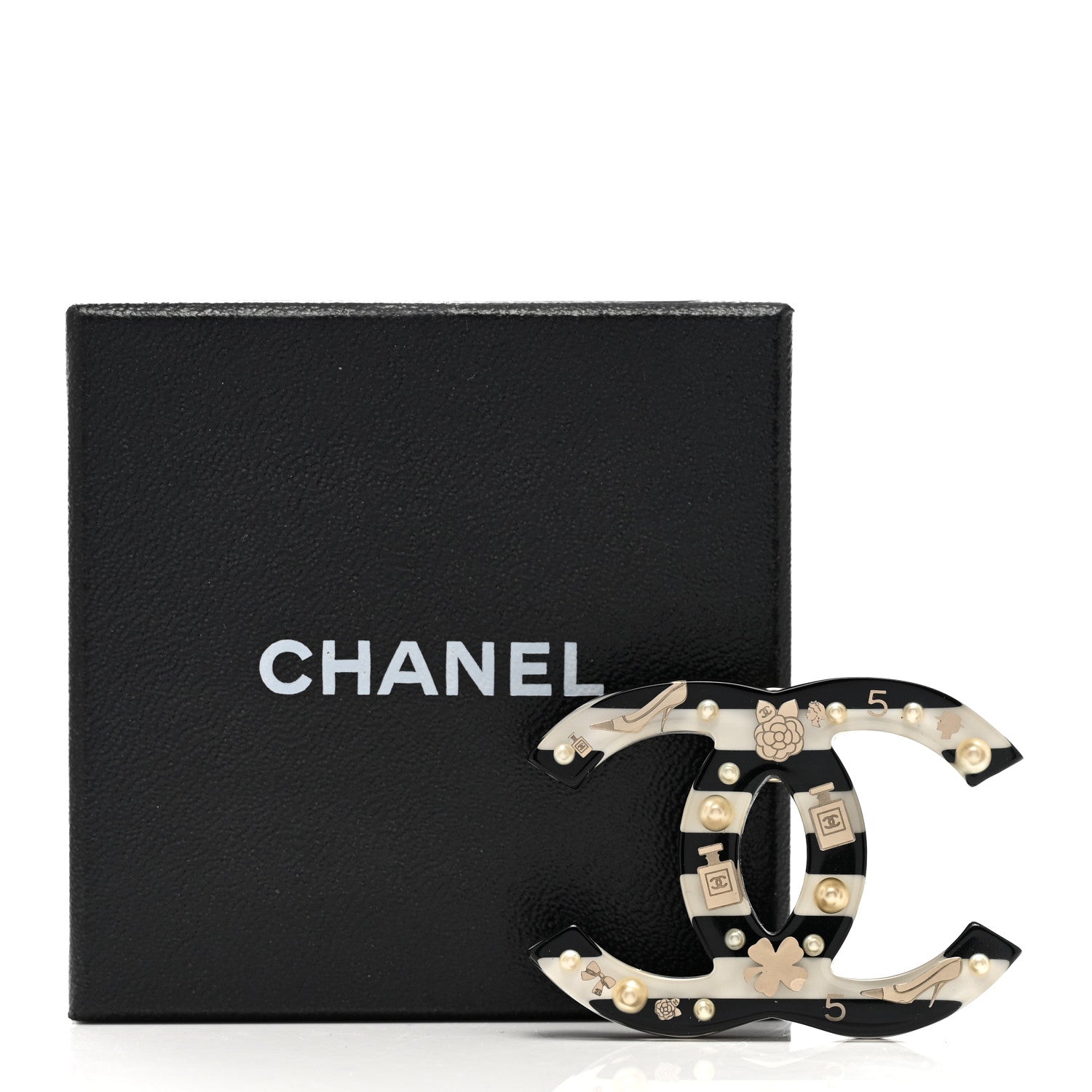 Chanel Resin Pearl Enamel Striped CC Brooch Black White 5 of 5