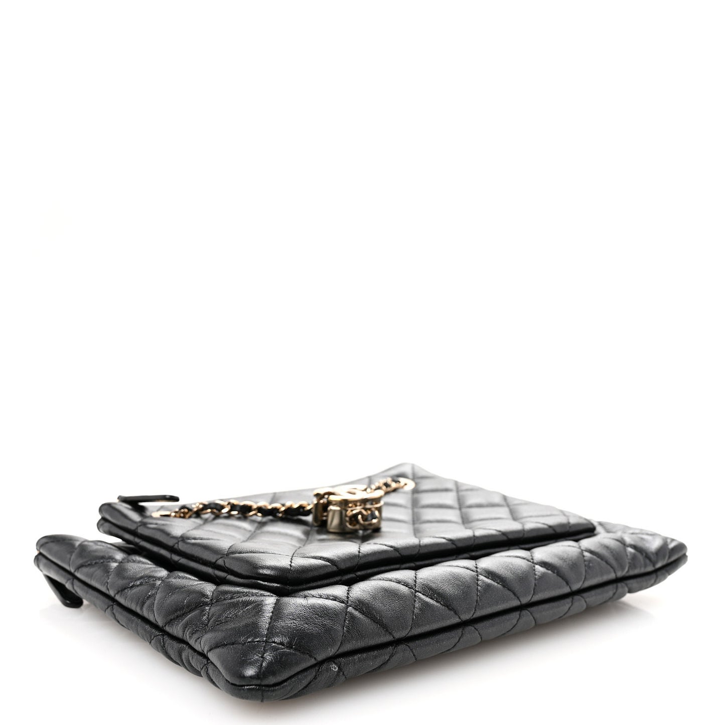 Shiny Lambskin Quilted Medium Double Case With Strap Black