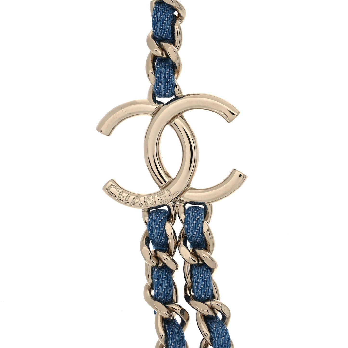 Metal Denim CC Double Chain Necklace Blue Gold