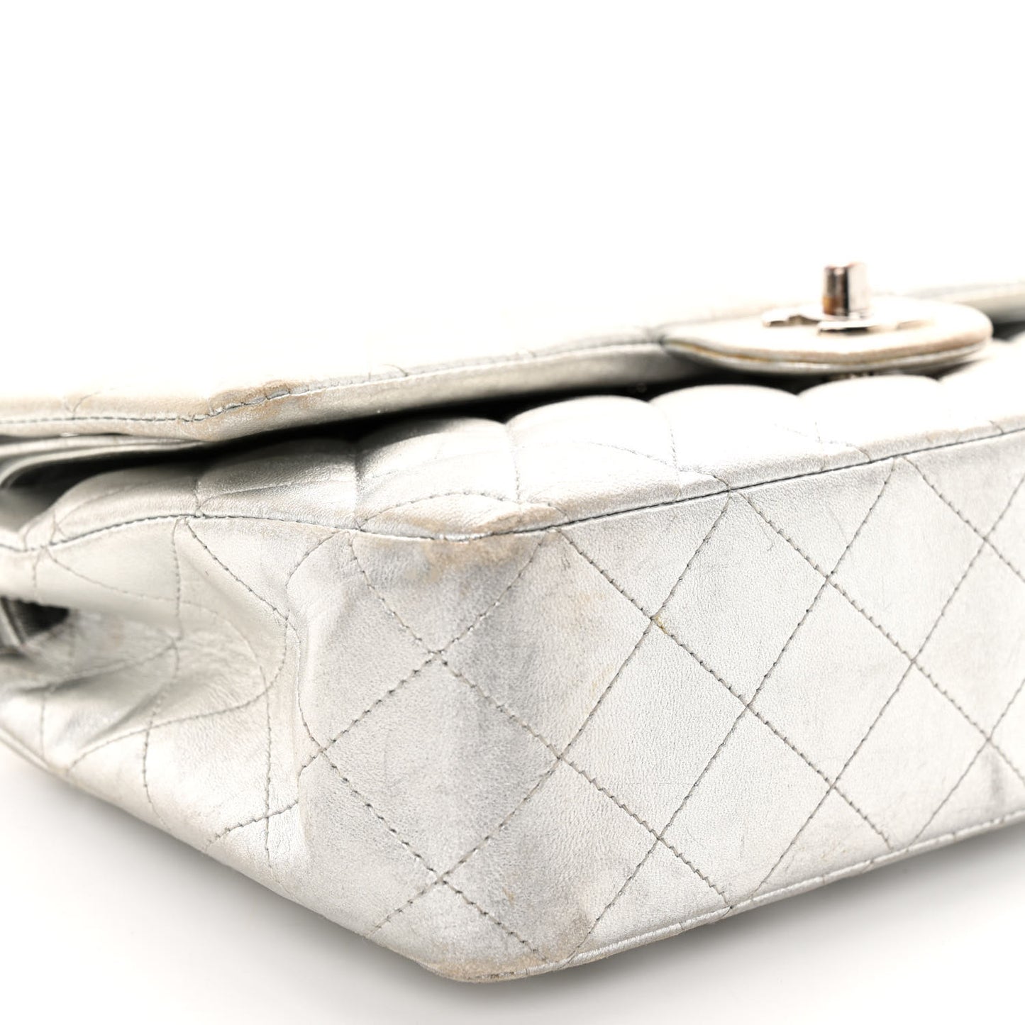 Metallic Lambskin Quilted Medium Double Flap Silver