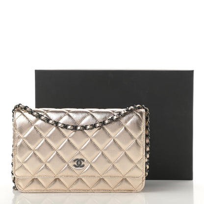 Chanel Metallic Lambskin Quilted Wallet On Chain WOC Gold Black 13 of 13