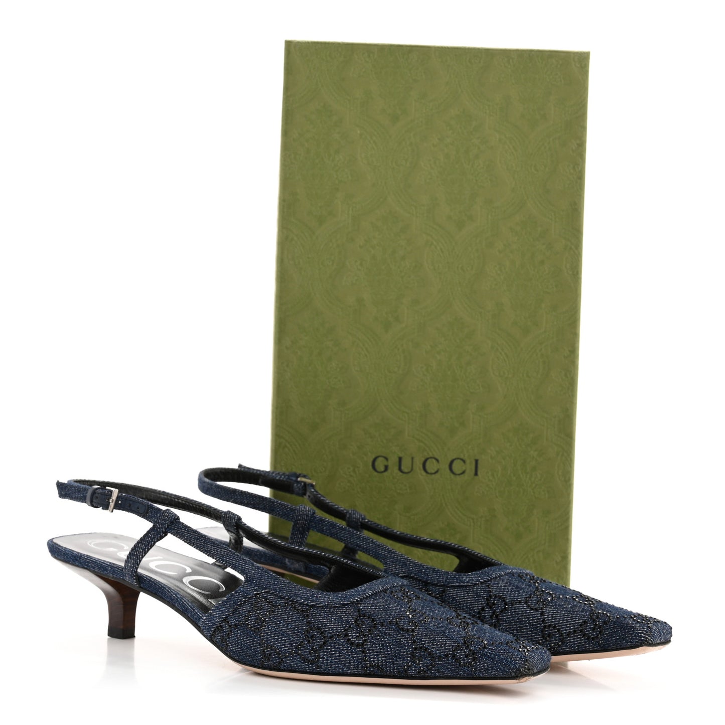 Denim GG Monogram Malaga Kid Crystal Square G 35mm Slingback Pumps 40 Blue