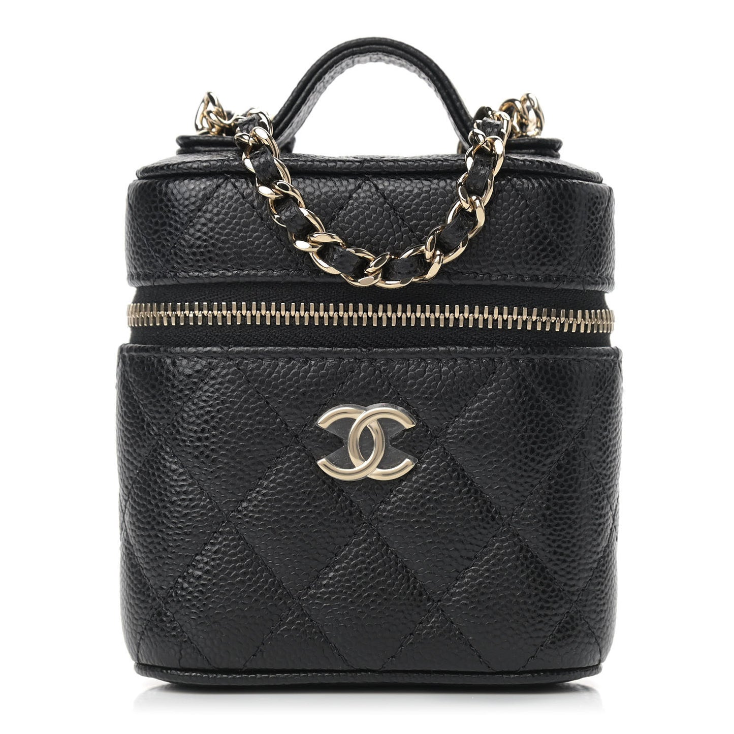 Caviar Quilted Small Handle With Care Vanity Case With Chain Black