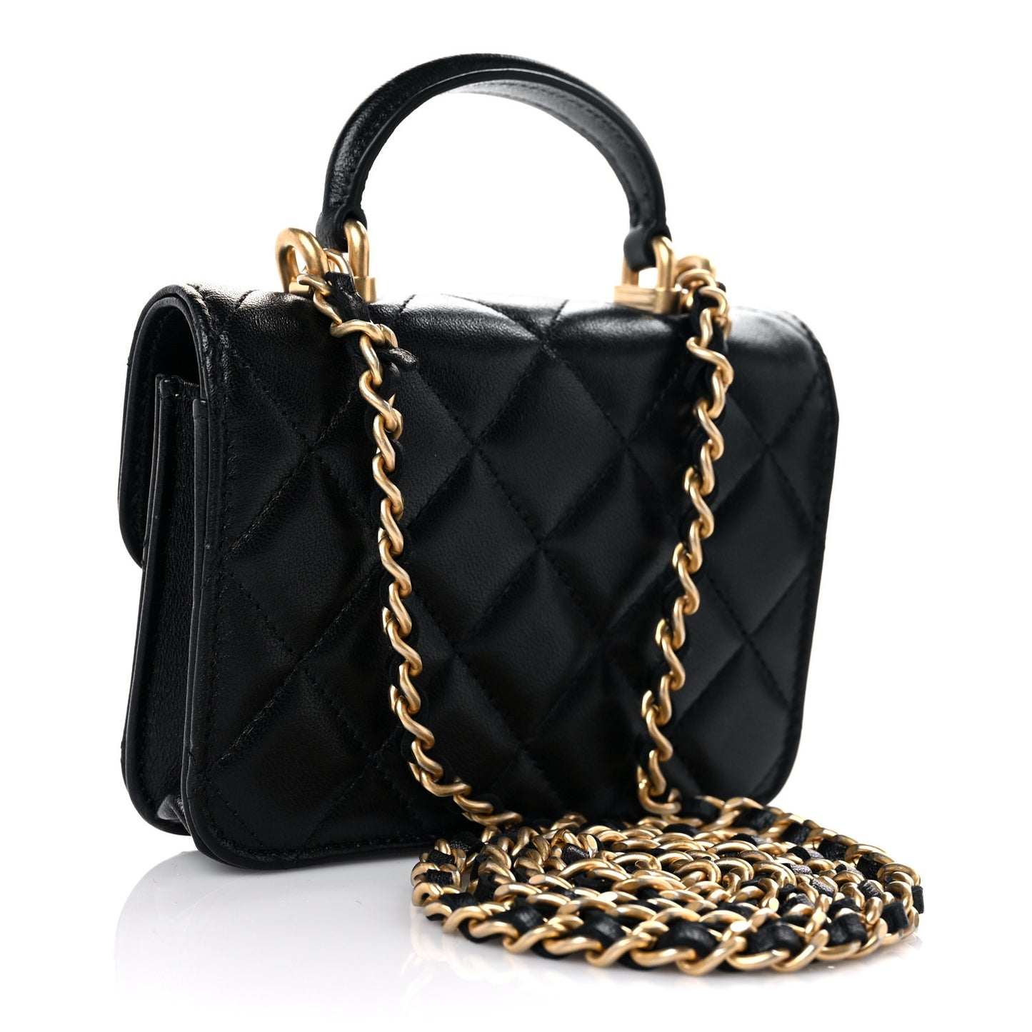 Lambskin Quilted Top Handle Flap Coin Purse With Chain Black
