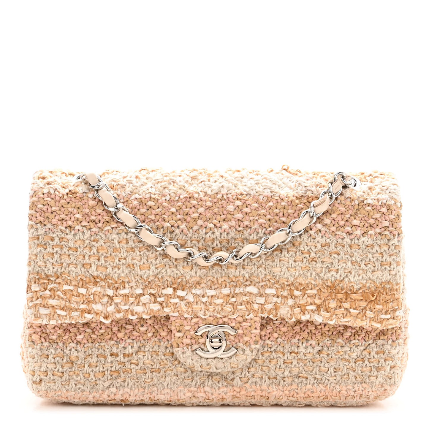 Tweed Quilted Medium Double Flap Beige Ecru Pink