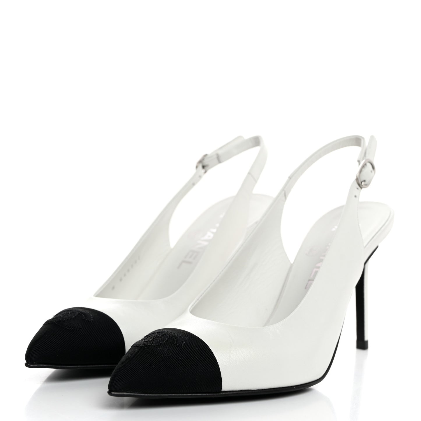 Goatskin Grosgrain Pointed Cap Toe CC Slingback Pumps 36.5 White Black