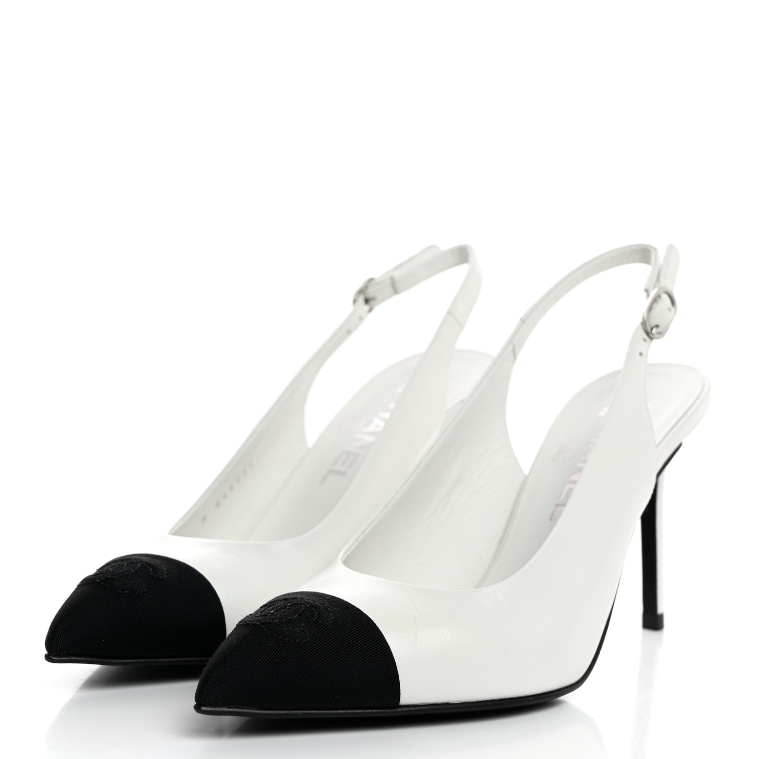 Chanel Goatskin Grosgrain Pointed Cap Toe CC Slingback Pumps 36.5 White Black 3 of 9