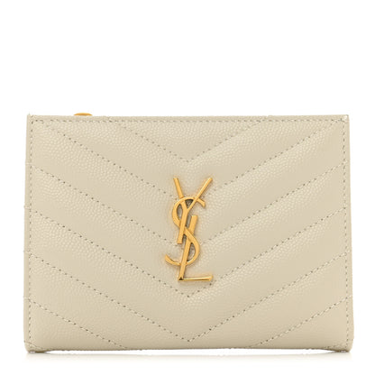 Saint Laurent Grain De Poudre Matelasse Chevron Monogram Zipped Two-Part Wallet Crema Soft 1 of 6
