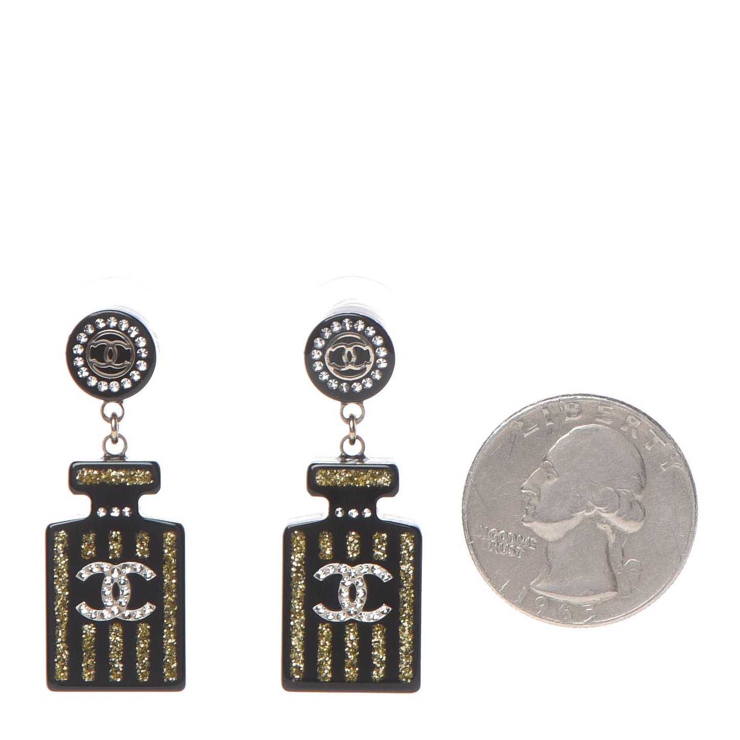 Resin Strass Perfume Bottle CC Earrings Black Gold