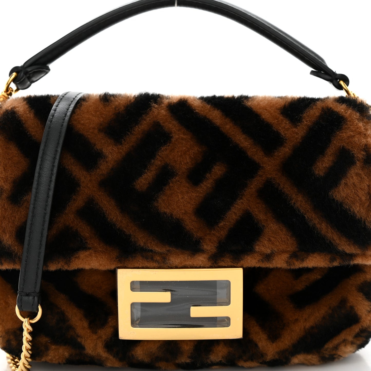 Shearling Vitello Dolce Macro FF 1974 Mini Baguette Tobacco Black