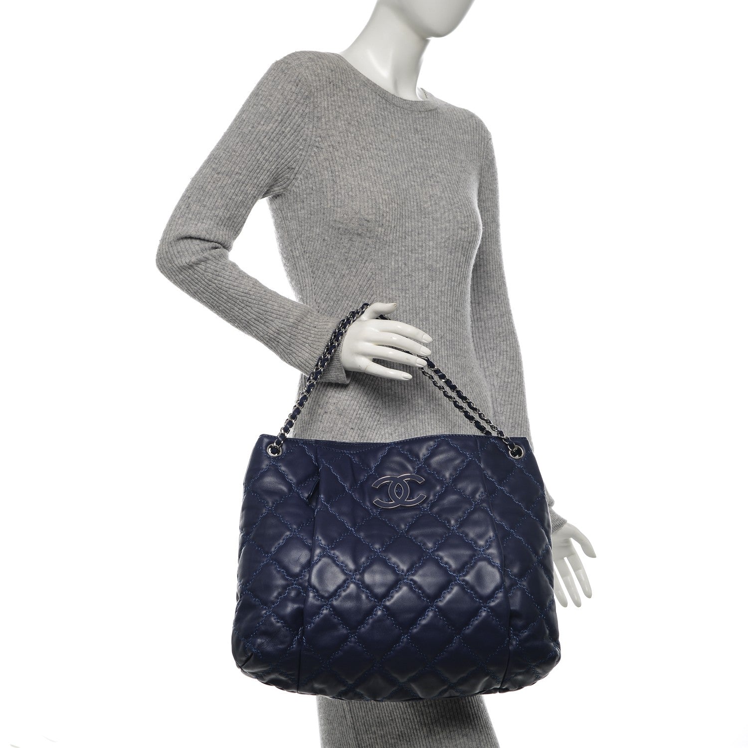 Chanel Calfskin Double Stitch Large Hamptons Shopping Tote Dark Blue 2 of 8
