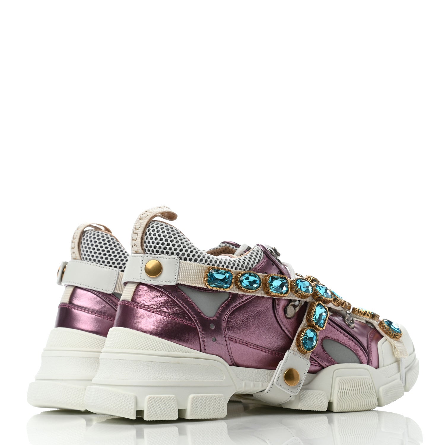 Gucci X SEGA Metallic Calfskin Mesh Removable Crystals Womens Flashtrek Sneakers 38 Rosa Great White Silver 4 of 6