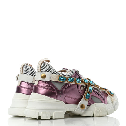Gucci X SEGA Metallic Calfskin Mesh Removable Crystals Womens Flashtrek Sneakers 38 Rosa Great White Silver 4 of 6