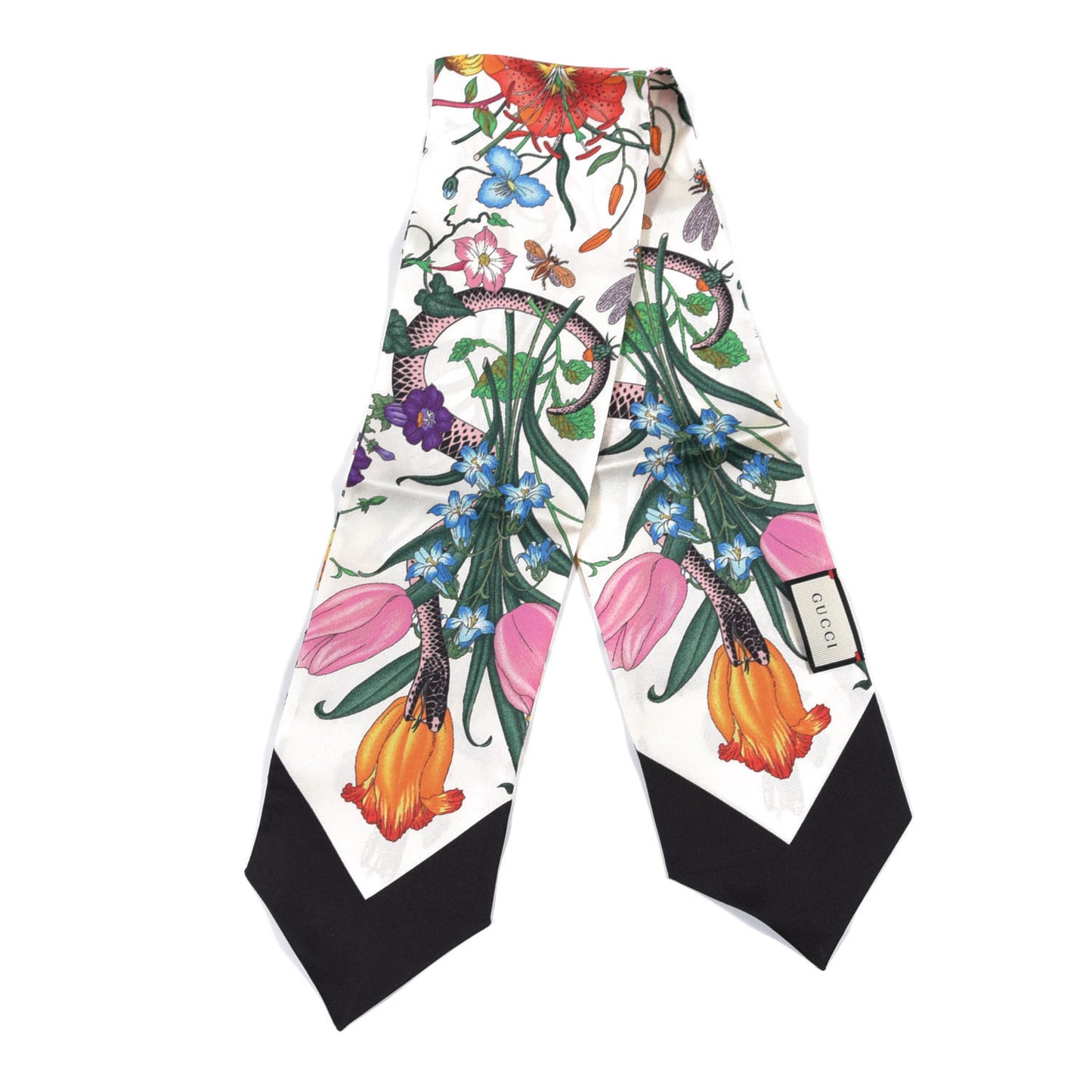 Silk Twill Flora Snake Neck Bow Scarf Ivory Black