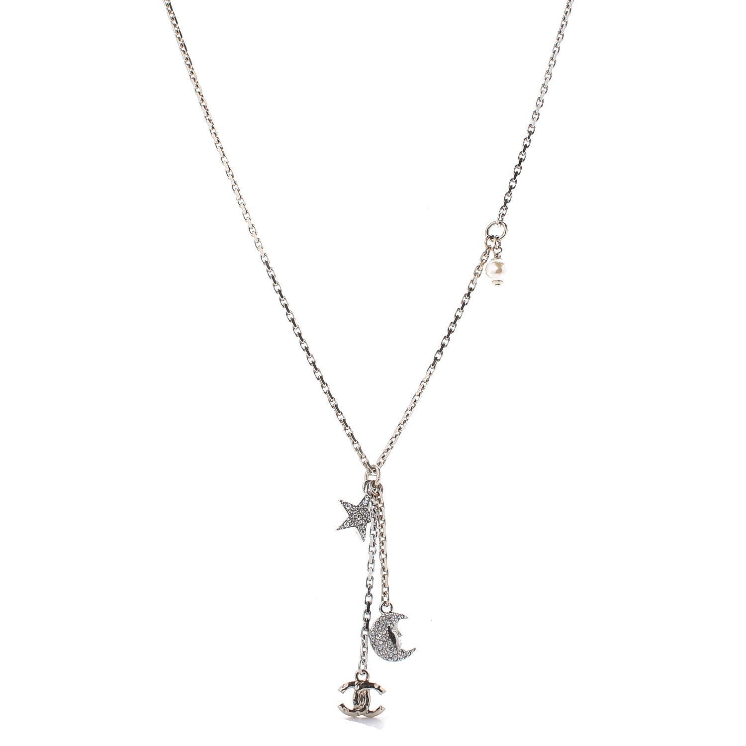Chanel Crystal Pearl CC Moon Star Drop Necklace Gold 1 of 5