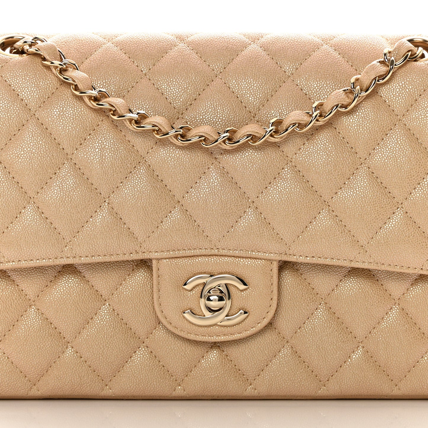 Iridescent Caviar Quilted Medium Double Flap Beige