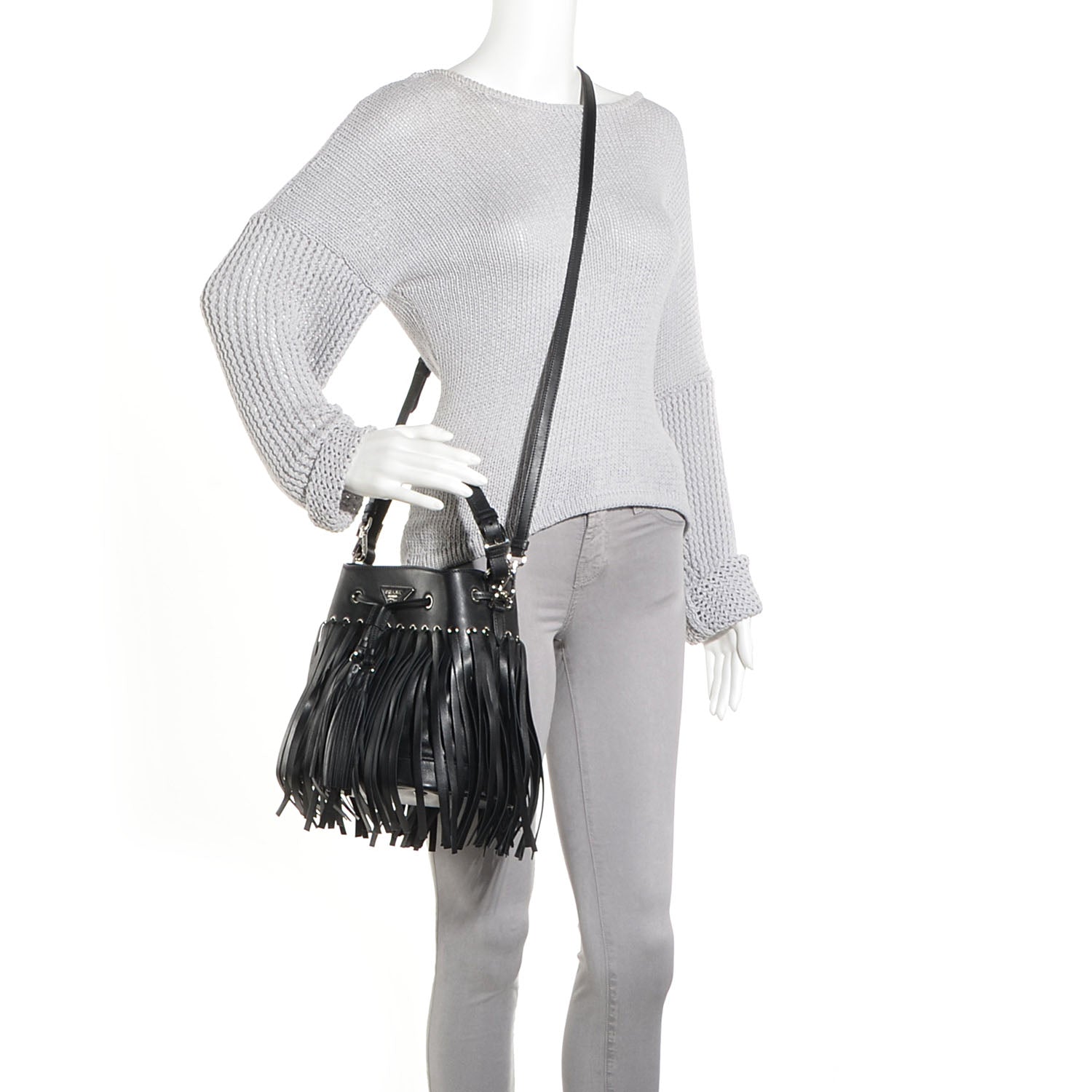 Prada Soft Calf Fringe Bucket Bag Nero Black 2 of 9