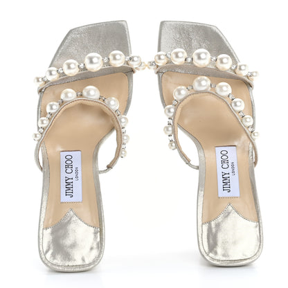 Jimmy Choo Shimmer Suede Pearl Embellished Amara 85 Mule Sandals 37 Champagne White 2 of 9