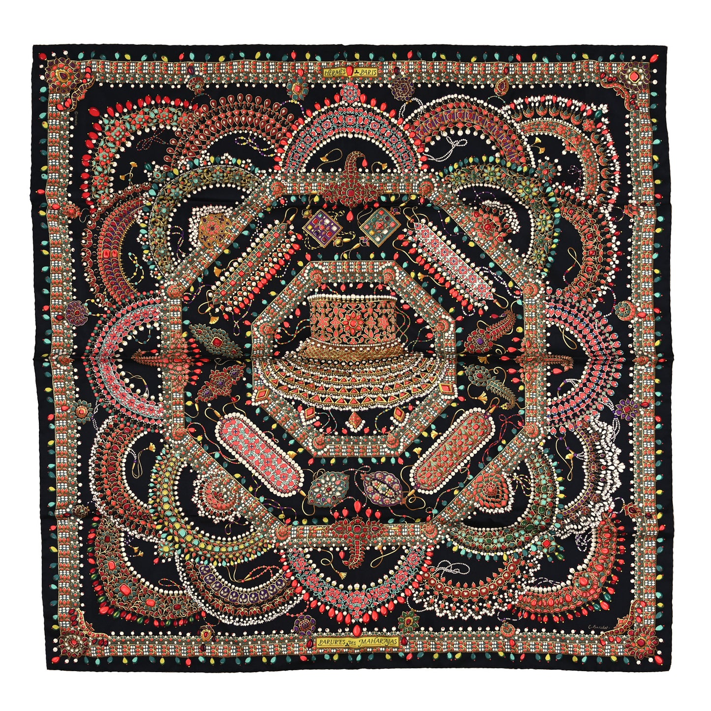 Silk Parures Des Maharajas Scarf 90 Black Jaune Corail