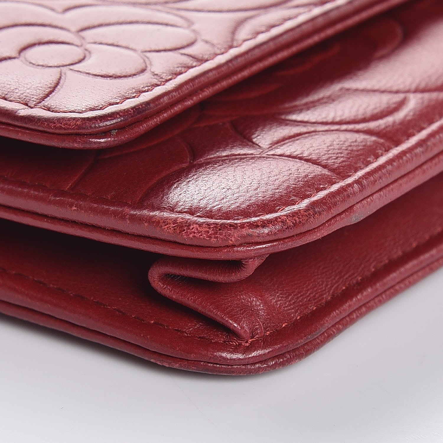 Chanel Lambskin Camellia Embossed Wallet On Chain WOC Dark Red 10 of 14