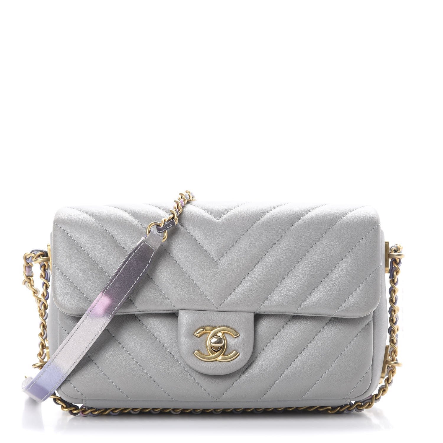 Chanel Lambskin Chevron Quilted Chain Around Mini Rectangular Flap Grey 1 of 10