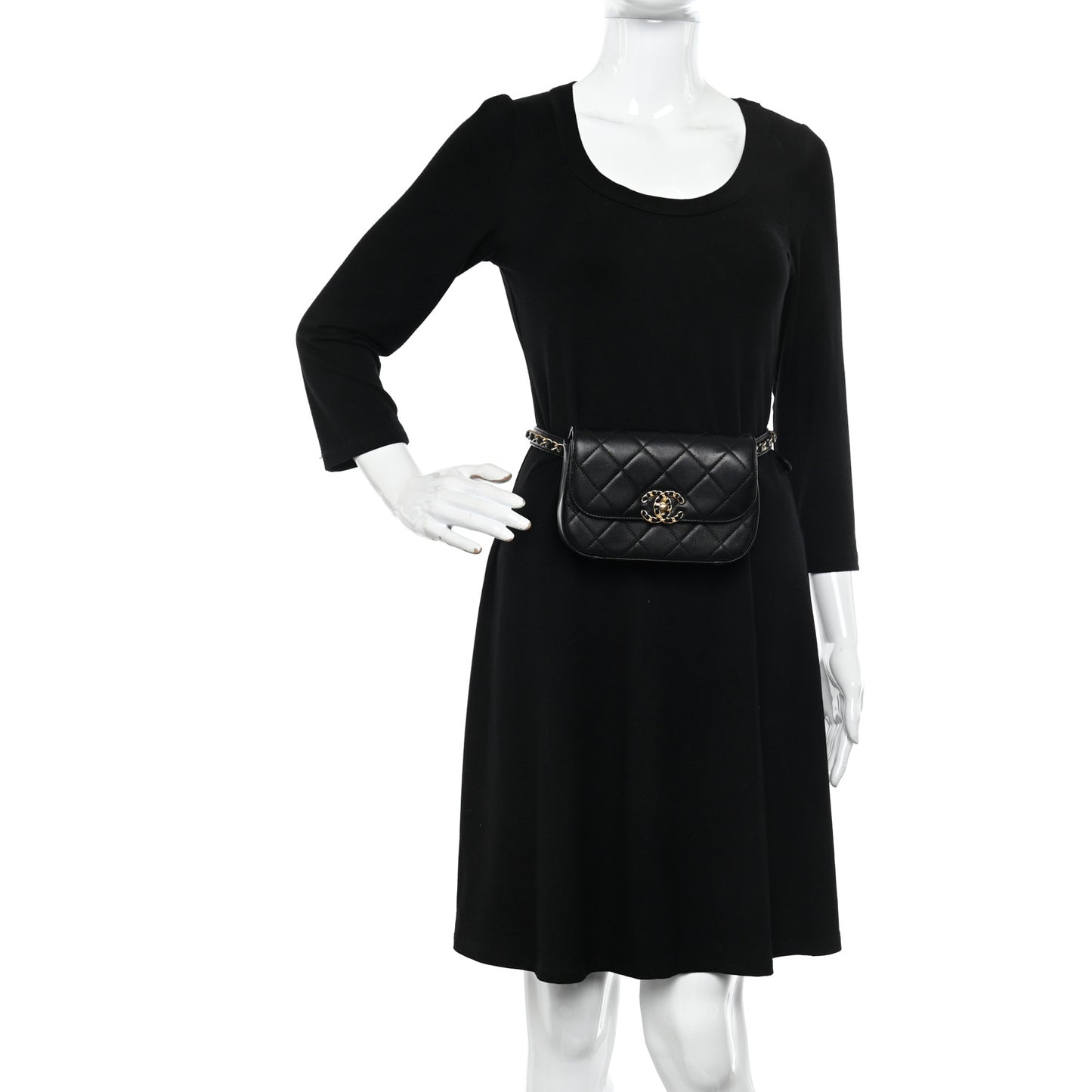 Lambskin Quilted Chain Infinity Waist Belt Bag Black