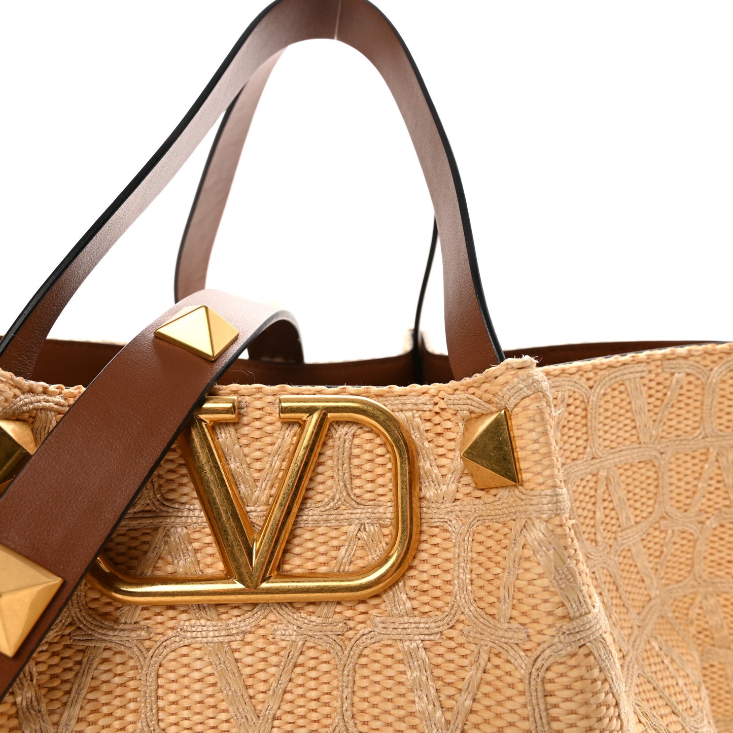 Raffia Calfskin Medium Rockstud Vlogo Tote Naturale