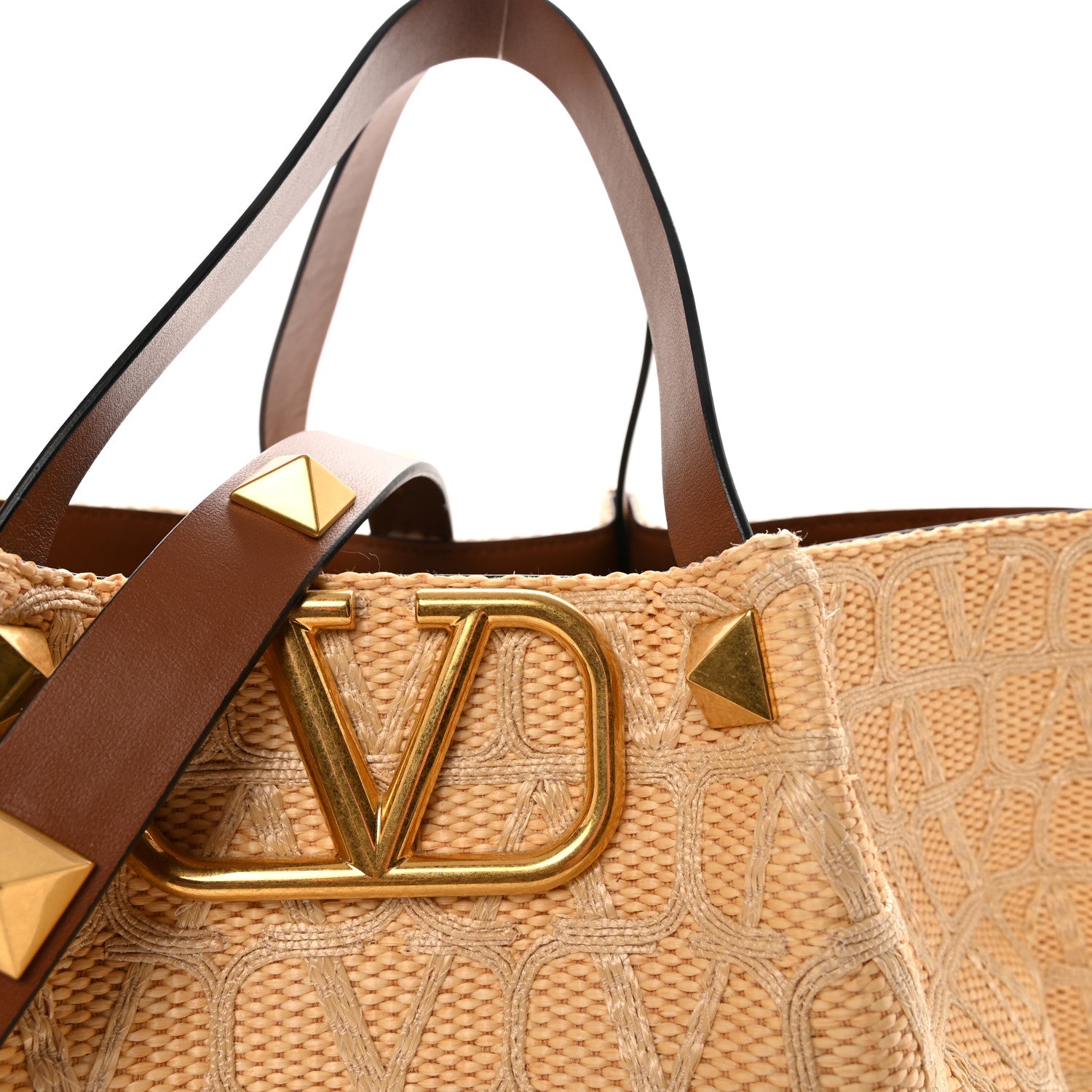 Valentino Garavani Raffia Calfskin Medium Rockstud Vlogo Tote Naturale 8 of 10