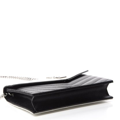 Saint Laurent Grain De Poudre Matelasse Chevron Monogram Envelope Chain Wallet Pearl White Black 4 of 10