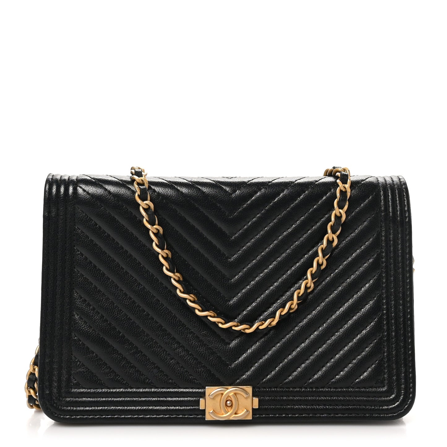 Lambskin Chevron Boy Wallet On Chain WOC Black