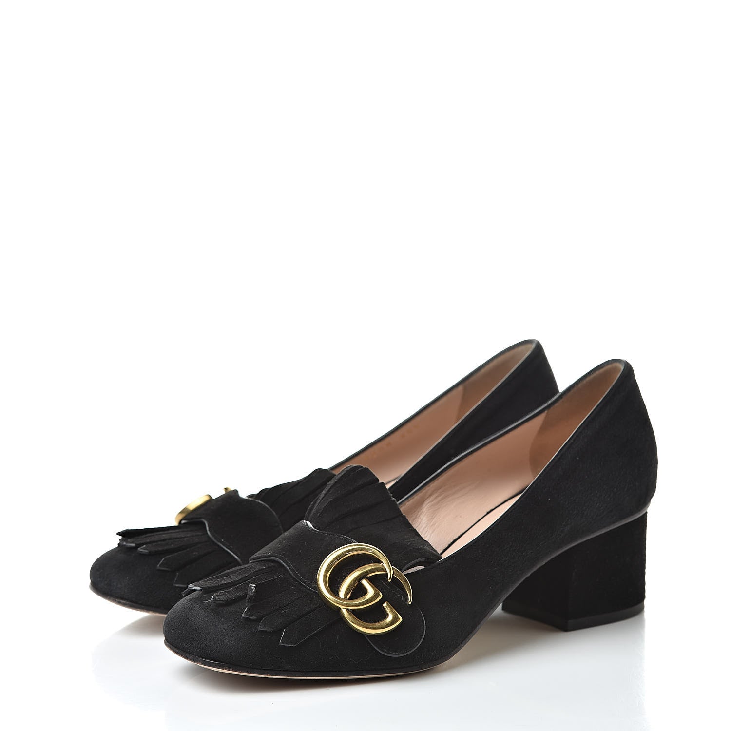 Gucci Kid Scamosciato GG Marmont Fringe 50mm Loafer Pumps 35.5 Black 3 of 14