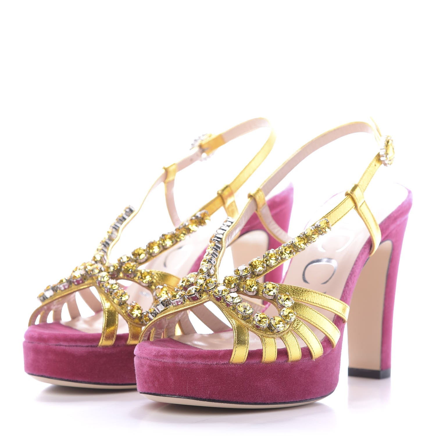 Gucci Velvet Nappa Crystal Zephyra Slingback Platform High Heel Sandals 35.5 Pink Gold 3 of 11