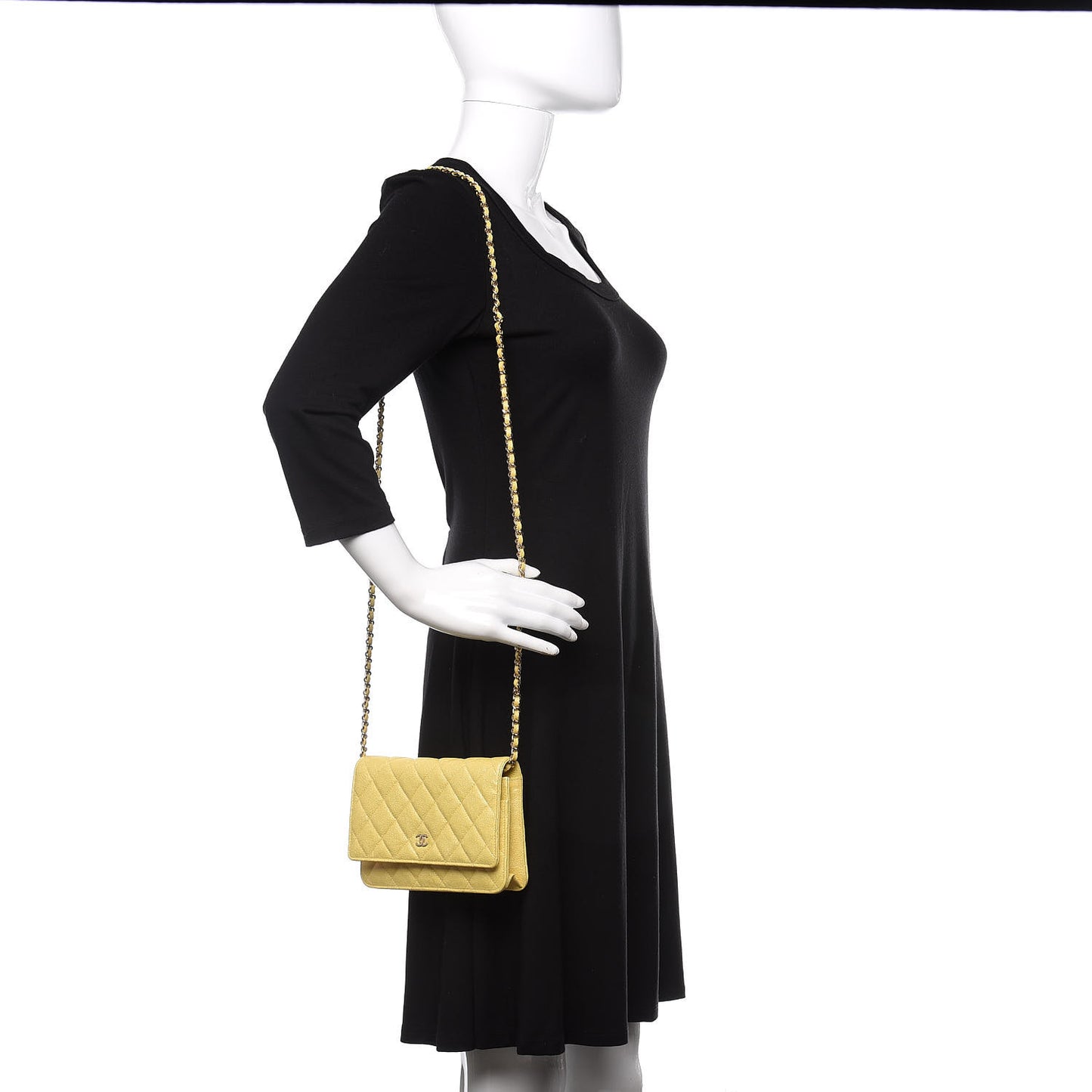 Iridescent Caviar Quilted Wallet on Chain WOC Yellow