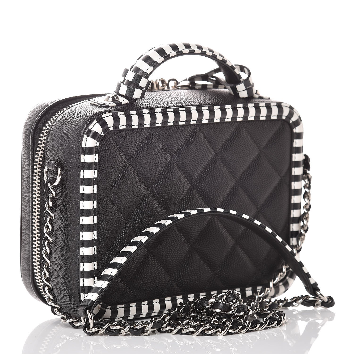 Chanel Caviar Quilted Striped Small CC Filigree Vanity Case Black White 3 of 8
