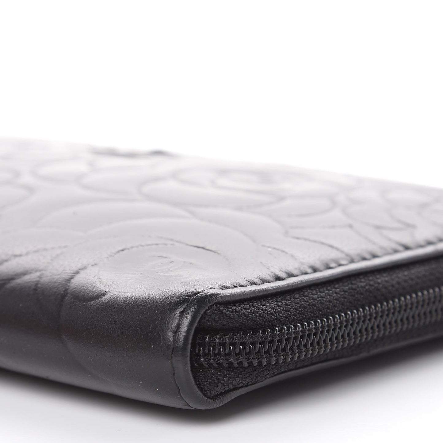 Lambskin Camellia Embossed Zip Around Organizer Wallet Black