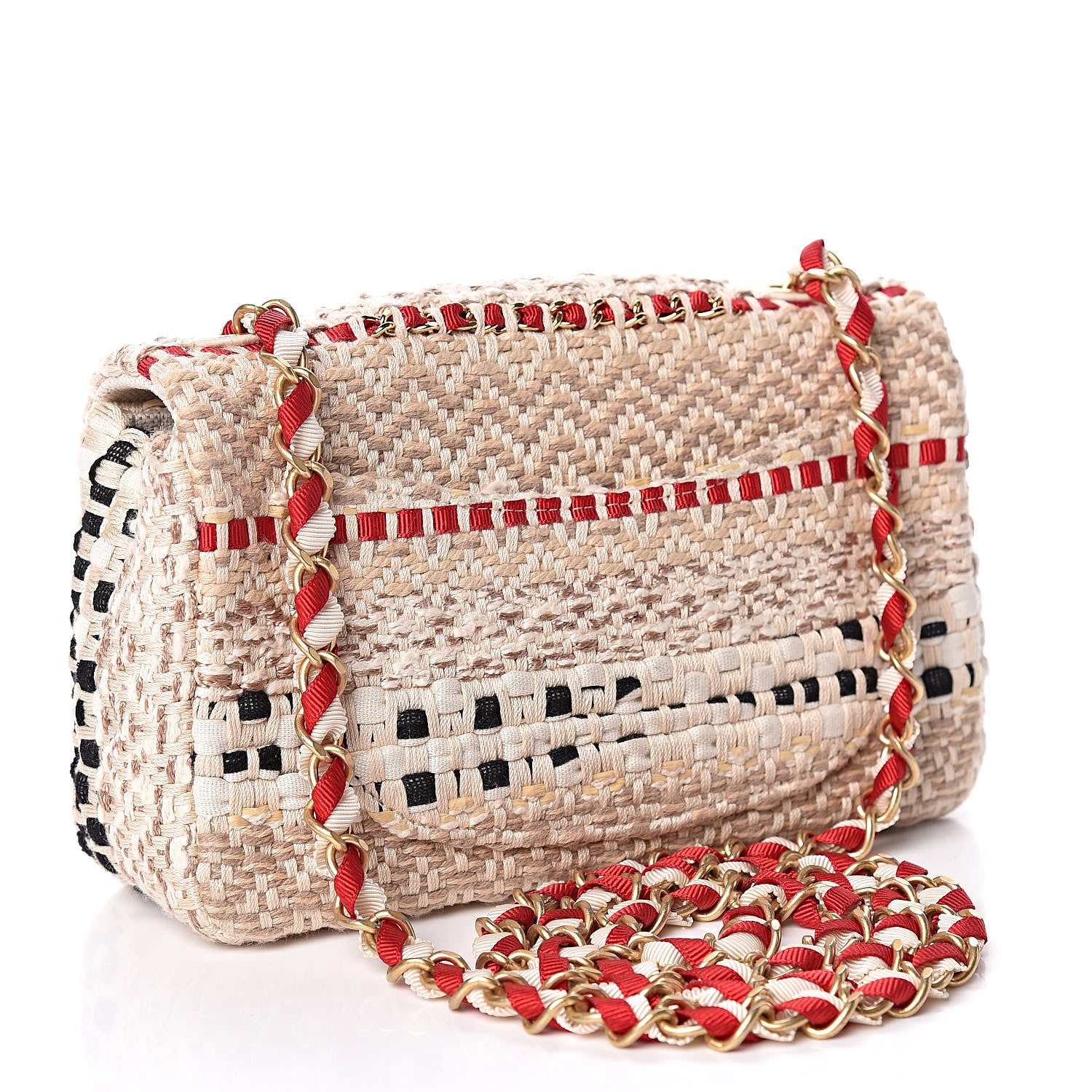Chanel Cotton Raffia Lambskin Woven Mini Rectangular Flap Beige Red Black 3 of 9