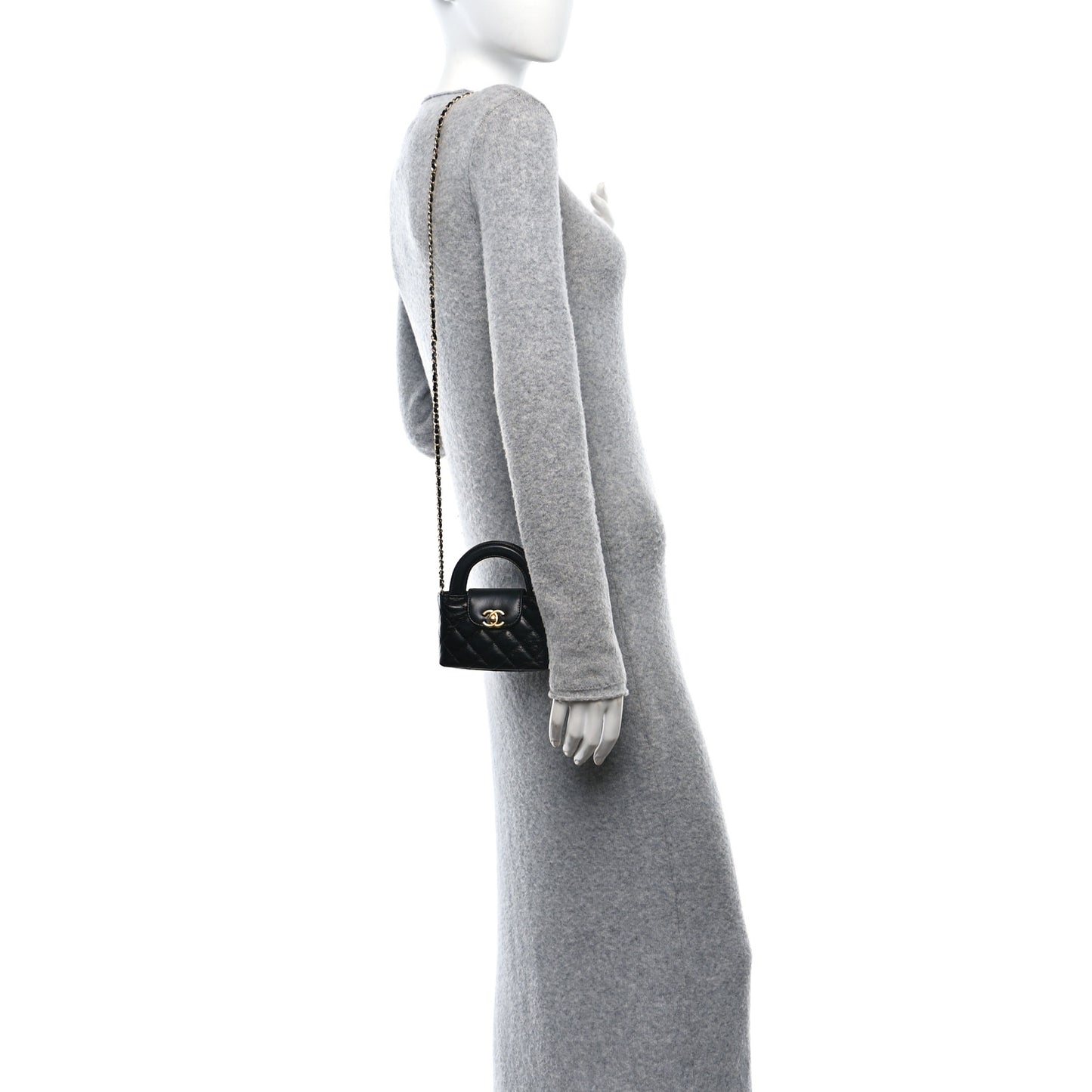 Shiny Aged Calfskin Quilted Mini Nano Kelly Shopper Black